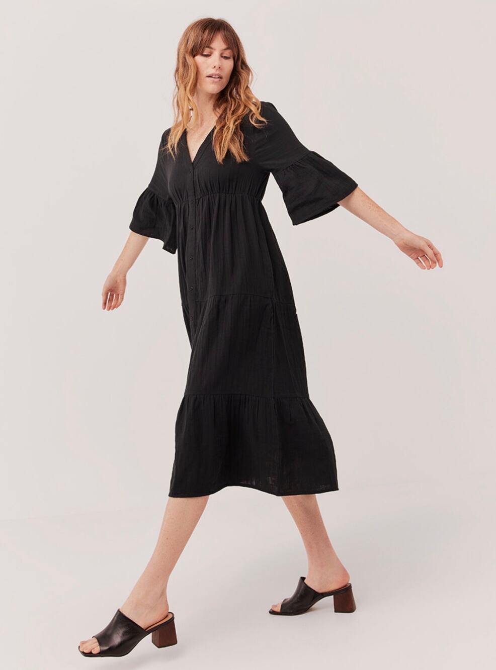 Pact Coastal Midi Dress Women’s Medium Black Organic Cotton Button Front Tiered